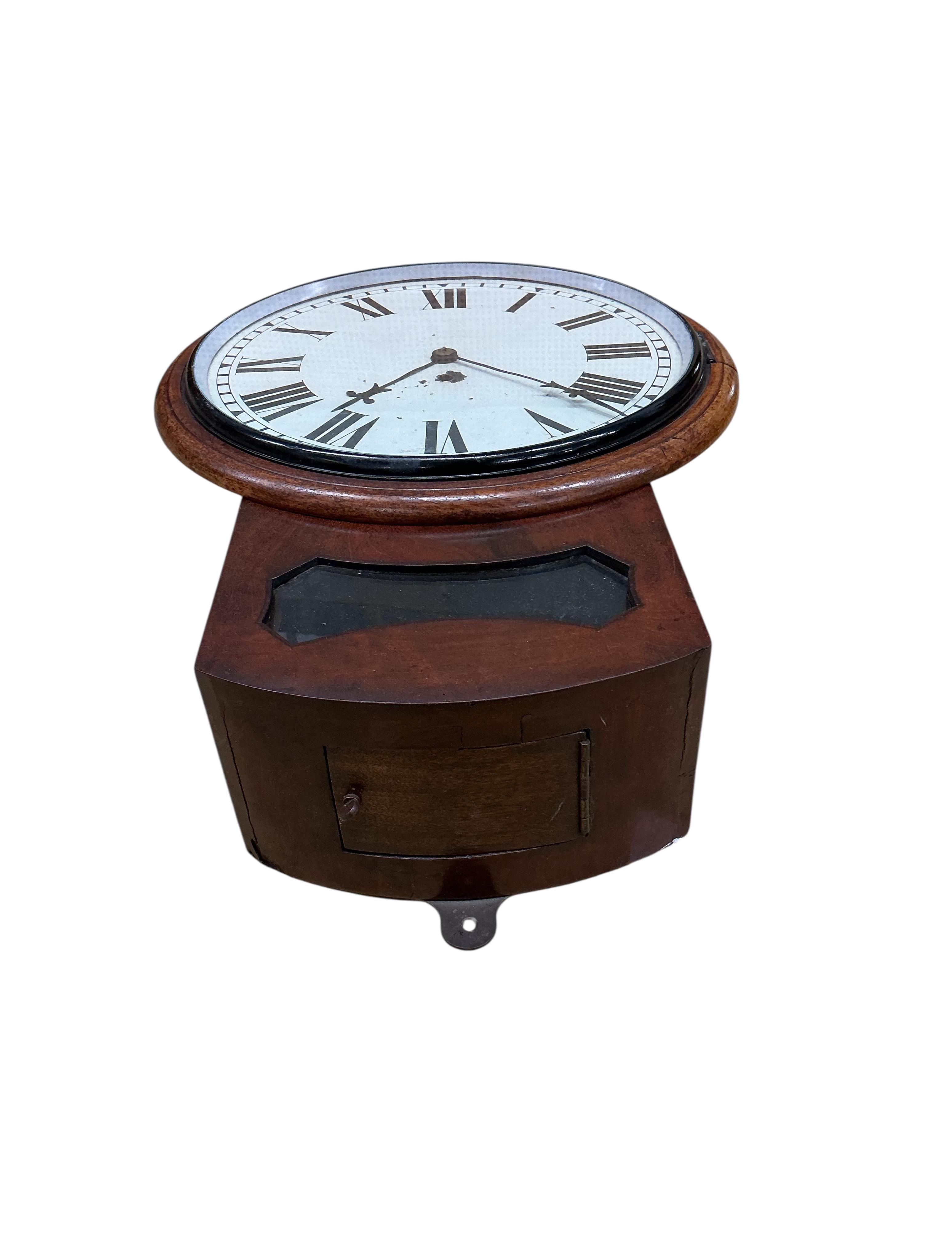 A Victorian mahogany drop dial wall timepiece, with painted Roman dial and visible pendulum, height 49cm
